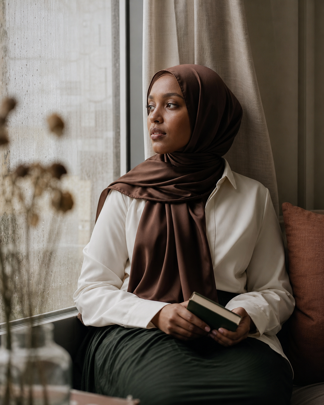 A Muslim woman seated beside a softly lit window.